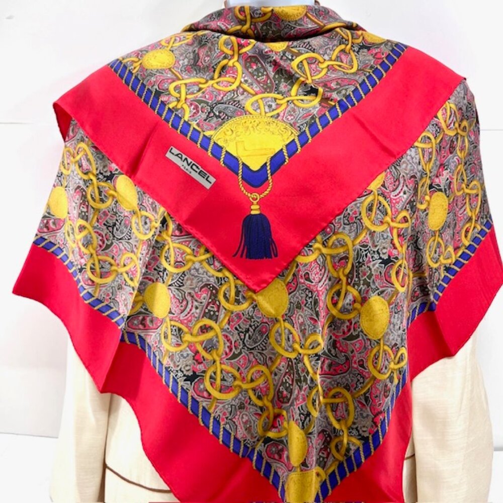 Unused Beautiful Lancel 100% Silk Satin Scarf 34" Red Burgendy Gold Paisley (58 - Picture 10 of 11
